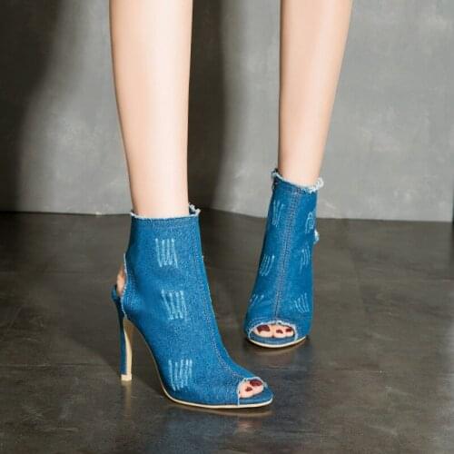 New women denim sandals high heels solid zipper cover heel deep blue peep toe fashion female shoes high quality size 35-40