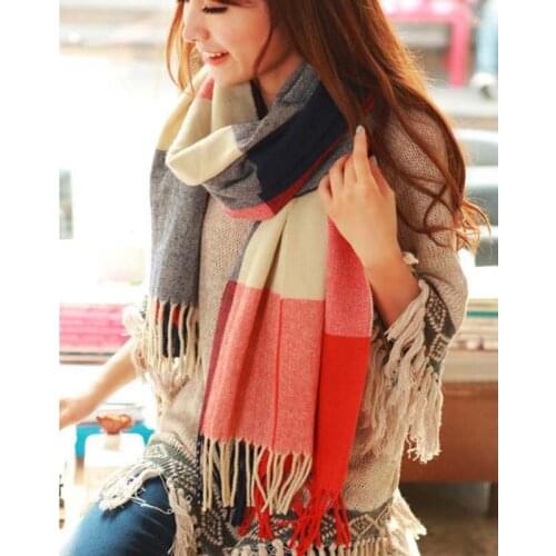Female Wool Plaid Scarf Women Cashmere Scarves Wide Lattices Long Shawl Wrap Blanket Warm Tippet