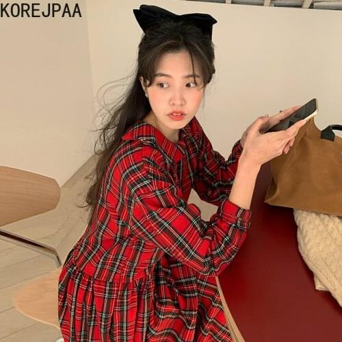 Korejpaa Women Dress 2021 Autumn Korea Temperament Ladies Retro Doll Collar Plaid Design Sense Loose Wild Long-Sleeved Vestidos