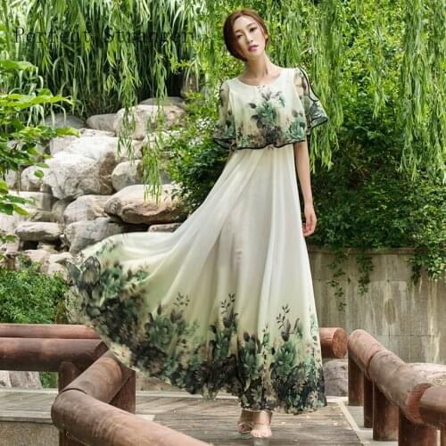 High Quality 2021 Summer New Arrival Elegant Round Collar off Shoulder Flower Printed Flare Sleeve Women Chiffon Long Dress