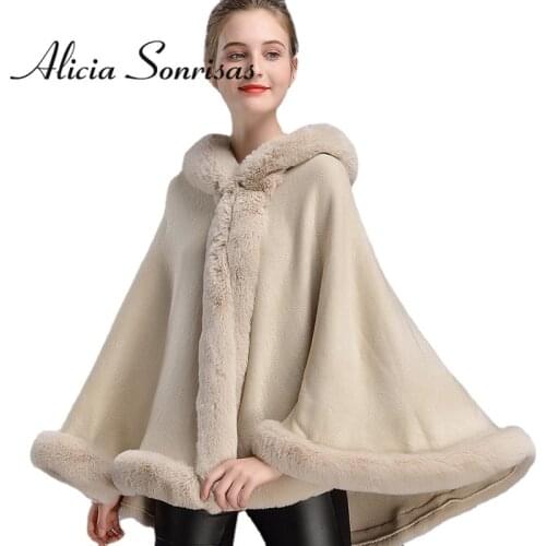 Winter Cape Women Faux Rabbit Fur Hooded Collar Poncho Fashion Cloak Plus Size Warm Thick Cardigan Coat