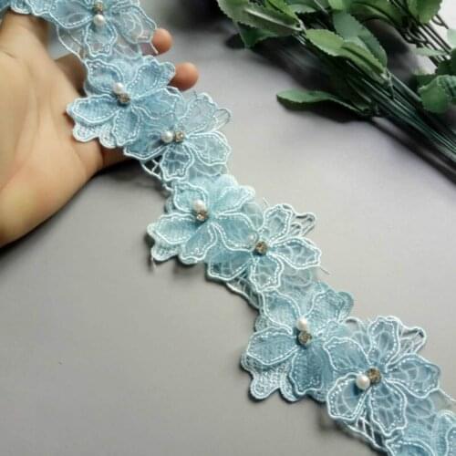 2 yards Blue Pearl Flower Handmade Beaded Embroidered Net Lace Trim Ribbon Double Layered Applique Dress DIY Sewing Craft