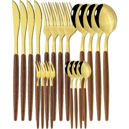 20Pcs/Set Gold Wooden Handle Flaatware Set Stainless Steel Dinnerware Cutlery Set Knife Fish Fork Spoon Teaspoon Tabelware Set