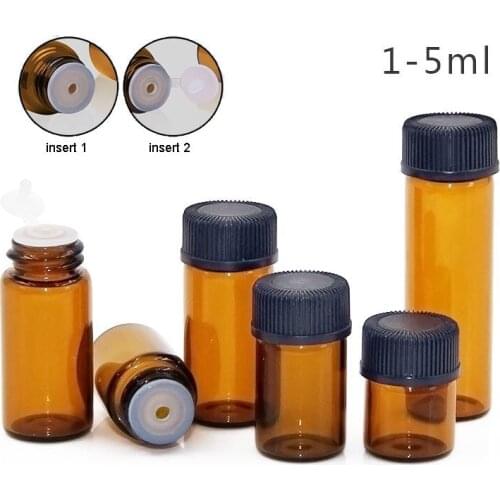 200pcs/lot 1ml 2ml 3ml 5ml Small Amber Glass Essential Oil Bottle With Hole Insert Flip Off Orificer Cap Mini Sample Test Vials