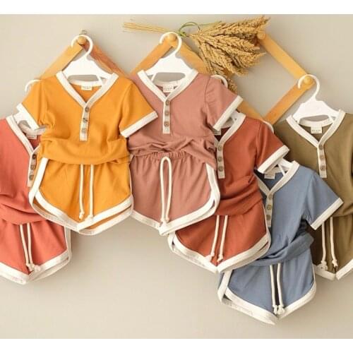 2021 0-4Y Summer Kids Baby Girl Boy Clothing Button Striped V Neck Short Sleeve T-shirt+Shorts Casual Loose Cotton 2pcs Set