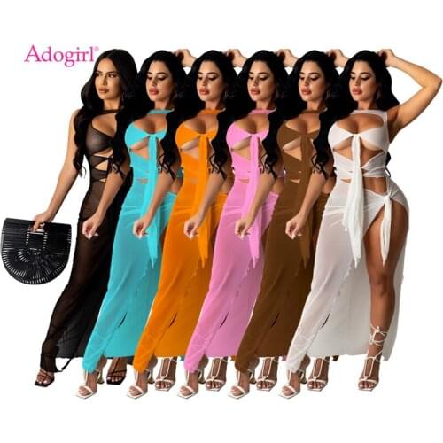Adogirl Women Sexy Lace Up Hollow Out Sheer Mesh Maxi Dress Summer Sleeveless Night Club Party Vestidos Beach Outfits