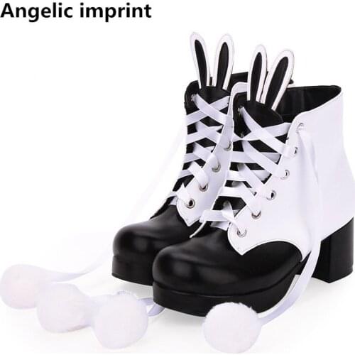 Angelic imprint mori girl Women punk boots lady lolita ankle Boots woman high heels pumps platform shoes 6cm 33-47 rabbit ears