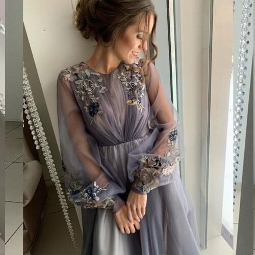 Arabic Dubai Eightale Gray Flowers Tulle Evening Dresses O-Neck Long Sleeves Prom Gowns A-Line Party Dress of Bride Dress 2021