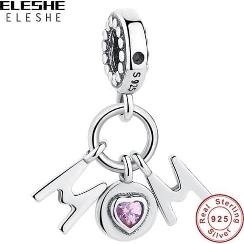 ELESHE Wholesale Pink Heart Crystal CZ MOM Charm 925 Sterling Silver Fashion Bead Fit Original Bracelets for Women Jewelry