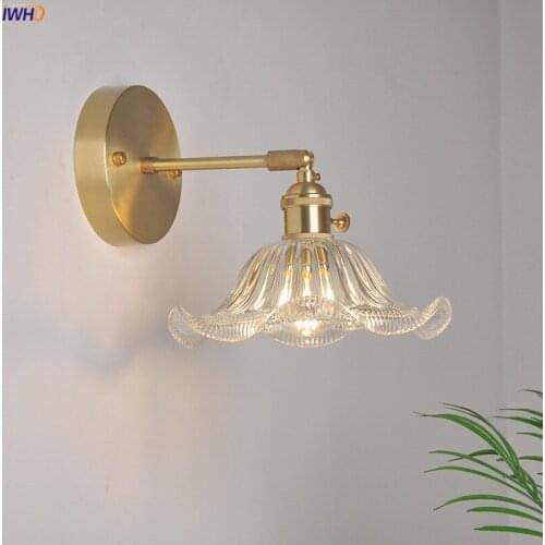 IWHD Copper Glass LED Wall Lamp Switch Japanese Nordic Style Bedroom Bathroom Mirror Stair Light Wall Sconce Applique Murale