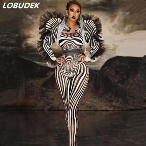 Zebra Pattern Jumpsuit Stripe Stretch Tights Women Singer Sexy Stage Outfit Nightclub Bar Party Show Performance Costume Leotard