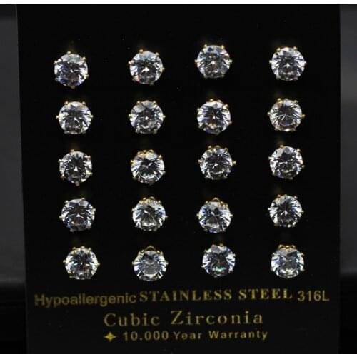 LUXUSTEEL christmas earrings Stainless Steel Gold Push Back Round Cubic Zirconia Earring Sets 10pairs/Card Brinco Stud Earrings