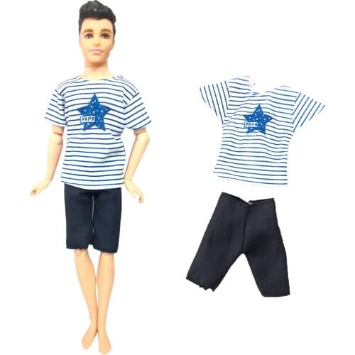 NK 1 PCS Casual Wear Short Sleeve Striped T-shirt Pattern Tops Jeans Pants Bottoms Costume Clothes for Barbie Doll Ken 12X