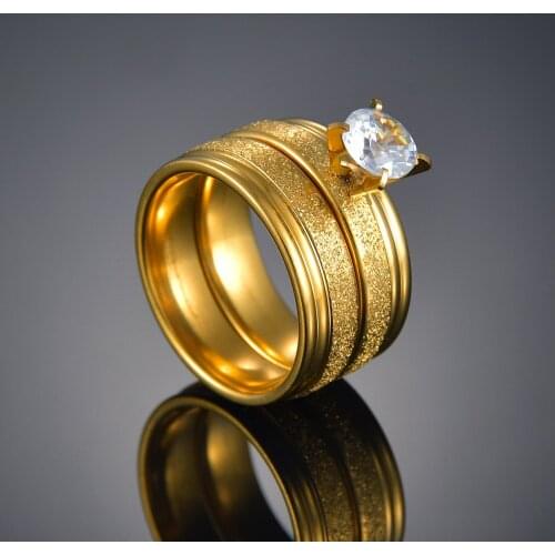 2pcs/set Crystal Couple Rings for Women Men Gold-color Stainless Steel Frost Engagement Ring Wedding Jewelry Accessories