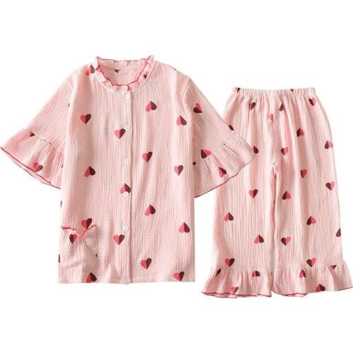 Summer Thin 100% Cotton Crepe Pyjamas Double-layer Gauze Short-sleeved Pajamas for Women Round Neck Loungewear Pijamas 2-piece