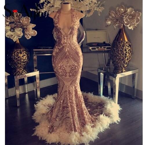 Bling Bling African Sequined Prom Dress 2019 Deep V-neck Sexy Sleeveless Feathers Mermaid Prom Dresses Girl Gold Prom Dress