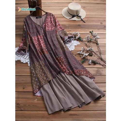 Popular Summer New Dress Cotton Hemp National Style Printing Loose Large Skirt Womens Wear