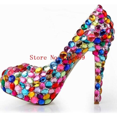 Colorful Glass Drill Stiletto 140mm High Heel Platform Crystal Pumps Handmade Rhinestone Fashion Wedding Shoes 35-41