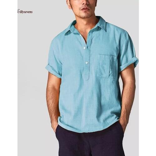 Summer Shirt Mens Baggy Cotton Blend Solid Color Short Sleeve Retro Tunic Shirt Blouse Tops Men Clothing Camisa Masculina