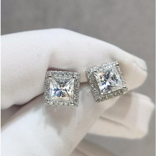 Silver 925 Original Diamond Test Past Square Cut Total 4 Carat D Color Moissanite Stud Earrings 18K White Gold Plated Earrings