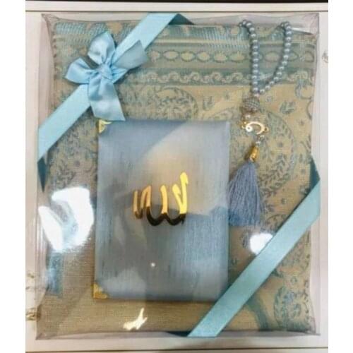 Prayer Rug Set 3 Pcs Green Blue Muslim Set Arabic Islamic Mevlüt Umrah Gift Sijadat Prayer Rug Yasin i Şerif | 99 Beads Rosary