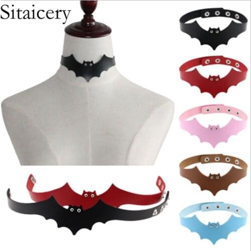 Sitaicery Halloween PU Leather Bat Wing Choker Gothic Necklace Men Women Punk Adjustable Necklaces Neck Womens Jewelry Gifts
