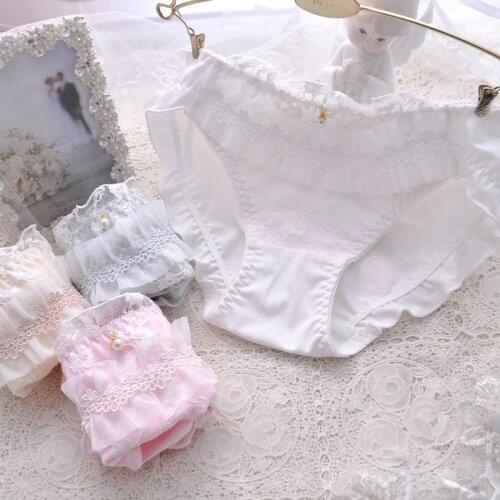 Ruffle Princess Cotton Underwear Embroidery Lace Middle Waist Womens Panties Seamless Cute Lovely Sweety Female Lingerie Breifs