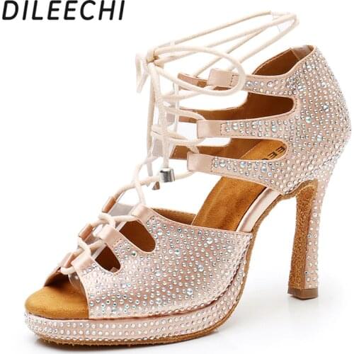 DILEECHI Latin dance shoes Beige black satin Ballroom dancing shoes Platform New adjust width party Squre shoes women high heel