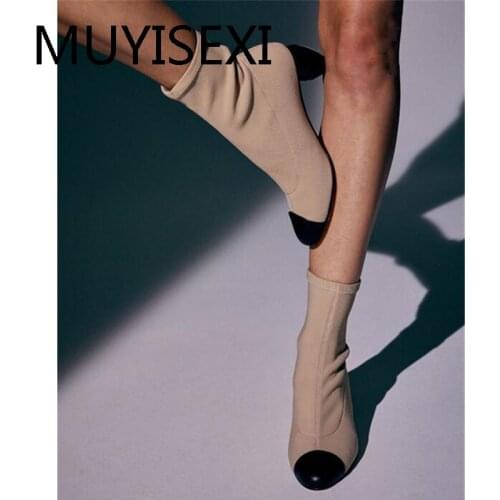 Stretch fabric dating superstar modern round toe 6cm thick high heel slip on work office lady gorgeous ankle boot HL273 MUYISEXI
