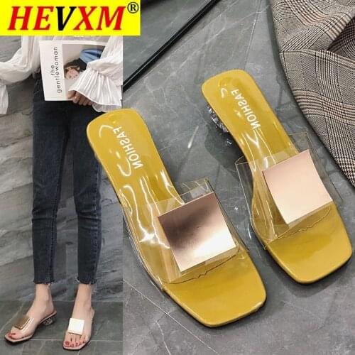 Women Slipper Transparent PVC Square Buckle Med Heels Outside Causal Shoes New Arrival Summer Lady Leisure Comfortable Slipper