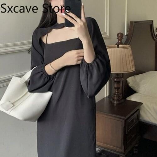 2 Piece Dress Set Women Casual Long Sleeve Elegant Black Midi Dress Office Lady French Vintage Pure Color Dress Korean Fashion