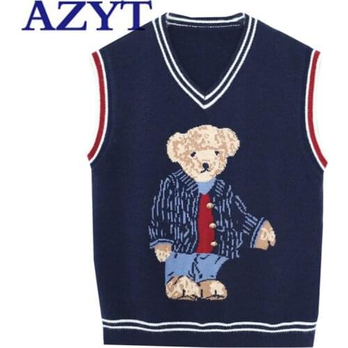 AZYT Spring Autumn Pullover Sweater Vest Women 2021 Loose V Neck Cartoon Print Knit Vest Fashion Streetwear Sleeve Jacket Female