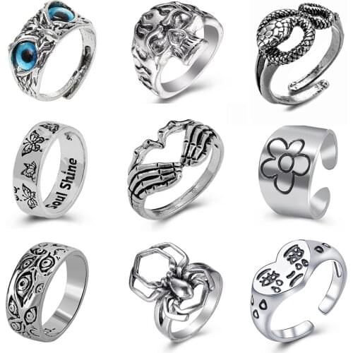 Vintage Gothic Skull Flower Angel Rings for Women Hip Hop Silver Color Butterfly Heart Finger Ring Fashion Streatwear Jewelry