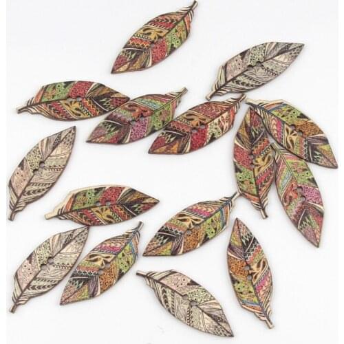 20pcs 15x42mm Mixed Feather 2Holes Wooden Buttons For Clothing Scrapbooking Crafts Sewing Buttons DIY Needlework Accessories