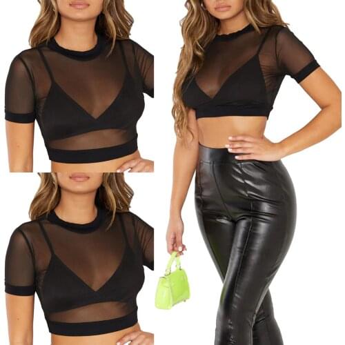 Fashion Women’s Solid Color Perspective Tulle Smock Tops, Short Sleeve Round Neck Elastic Hem Short Clothes 2021 Summer