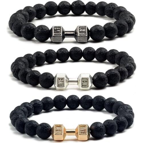 High Quality Men Beaded Bracelet Natural Black Lava Stone Dumbbell Charm Bracelets Energy Fitness Barbell Fashion Women Jewelry