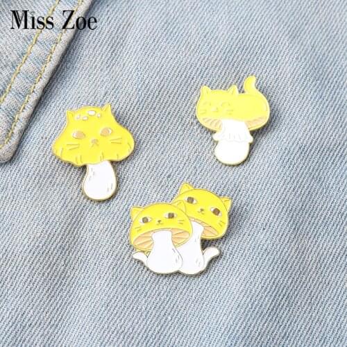 Cat Face Yellow Mushroom Enamel Pins Custom Cute Animals Plants Brooch Lapel Badge Bag Cartoon Jewelry Gift for Friends