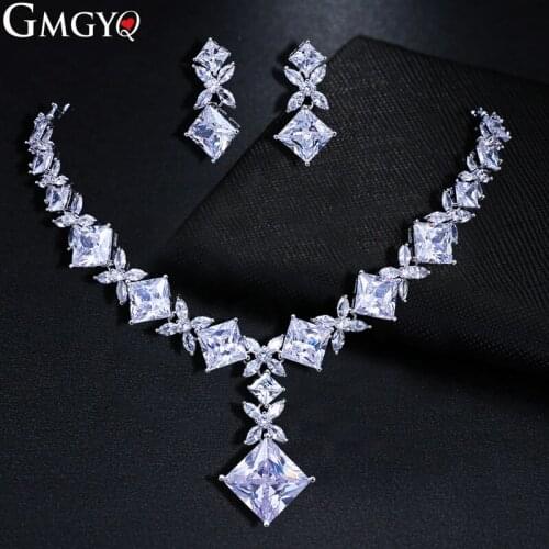 GMGYQ Luxury Fashion Bride Jewelry Suit Exquisite Square Zircon Chain Earrings Ady Dress Accessories Girlfriend Gifts