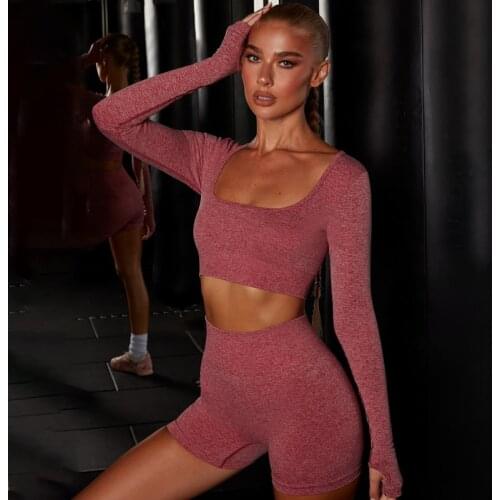 New Seamless Yoga Sets High Elastic Sports Outfit Long Sleeve Crop Top+Sexy Short Leggings 2PC Fitness Suits Women Athletic Wear