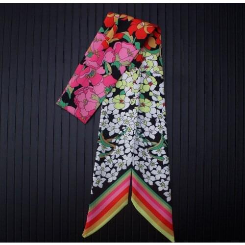 Fashion Euro Small Flower Print Twill Silk Scarf For Women Striped Headband Handle Bag Ribbon Luxury Brand Summer Small Scarves