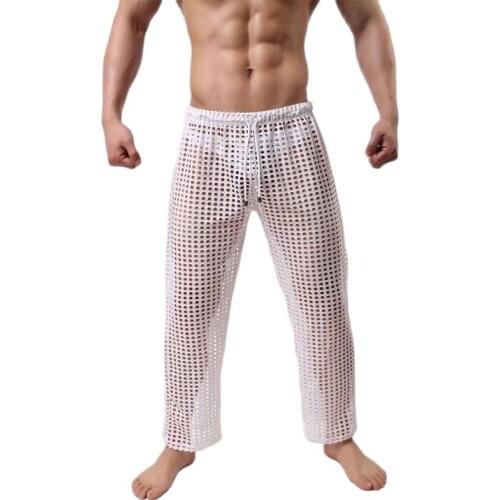 Mens Sleep Lounge Sleep Bottoms Sexy Mesh Transparency Leisure wear Hollow Out Pyjama Trousers Waistband Homewear Gay Club Wear