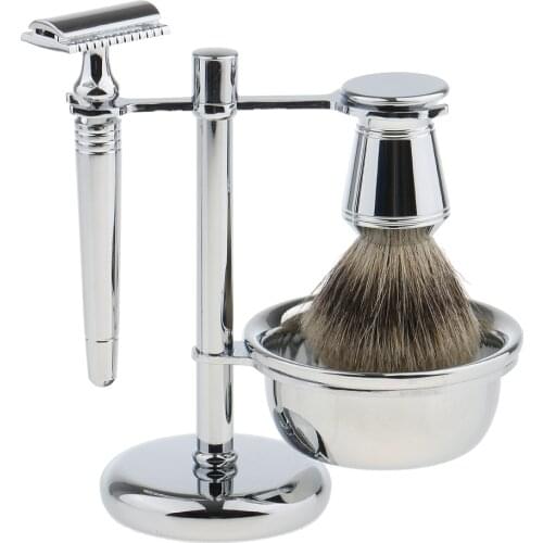 Mens Safety Shaving Kit, Bristle Brush, Silver Brush Stand Holder, Razors with Bowl Mug - Silver