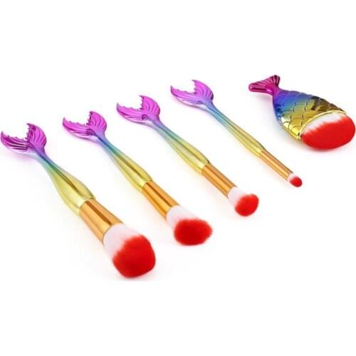 5Pcs/set Fish Tail Colorful Facial Cosmetic Makeup Brushes Kit Red Nylon Hair Foundation Powder Eyeshadow Brushes Tool DD