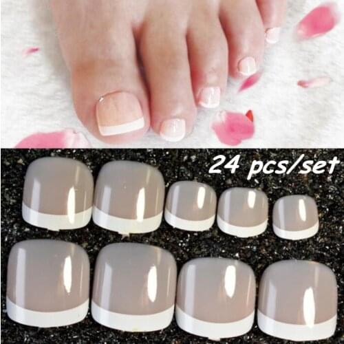 24 Pcs/set Natural French Toe Fake Nails White Side DIY Gel Nail Art Decoration Tips for Toe Makeup Manicure Tool