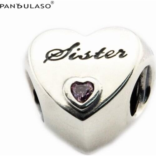 Sisters Love Pink CZ Charm 925 Silver Original Beads For Jewelry Making For European Woman Bracelets DIY Sterling Silver Beads