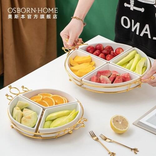 OSBORN Light Luxury Ceramic Green Golden Fruit Bowl Dessert Plate Crown Tray Dried Fruit Four Grid Snack Plate