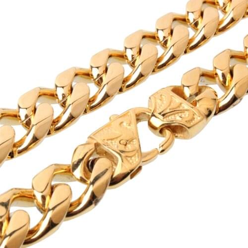Punk Mens Hot Sale Gold Color 12/15mm Wide Stainless Steel Curb Cuban Link Chain Necklace Or Bracelet Jewelry 7-40" Option