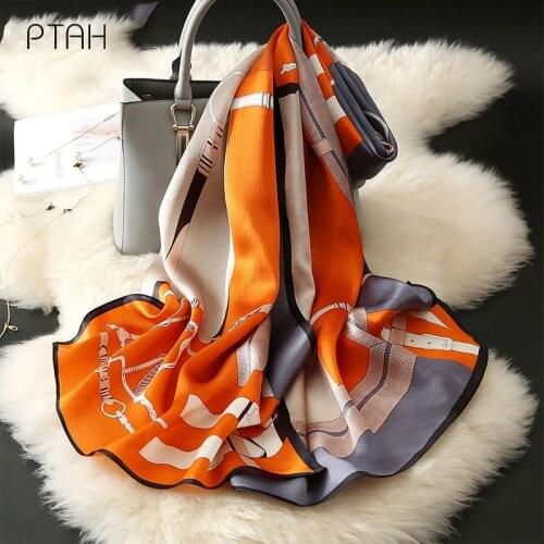 [PTAH] 100% Mulberry Silk Scarf Ladies Banquet Softer Breathable Digital Print Large Scarf Women High Quality Mon Gift 176*53cm