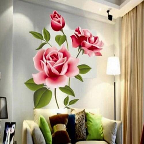 Romantic Rose Love 3D Wall Stickers Home Living Room Bedroom Kitchen Flowers Shop Decals Mothers Day Gifts PVC Mural Art Poster