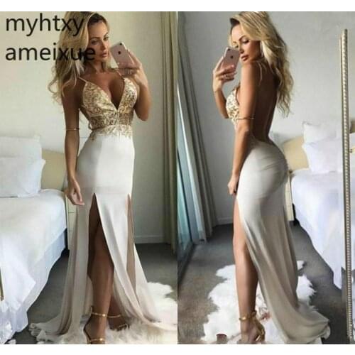 Sexy Sides Split White Prom Dresses 2020 Cheap Spaghetti Straps Holidays Graduation Wear Evening Party Gowns Plus Size Custom